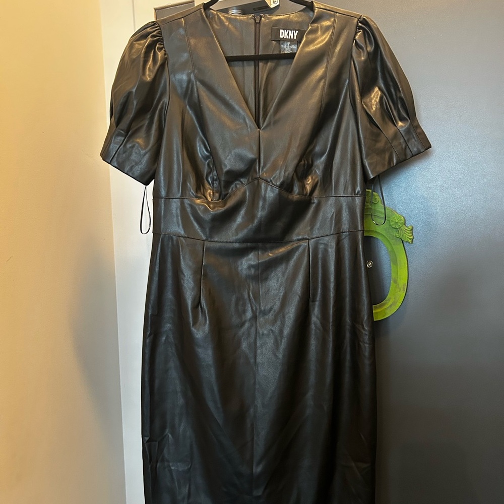 DKNY Black Sheath Dress with Puff Sleeves and V-Neck